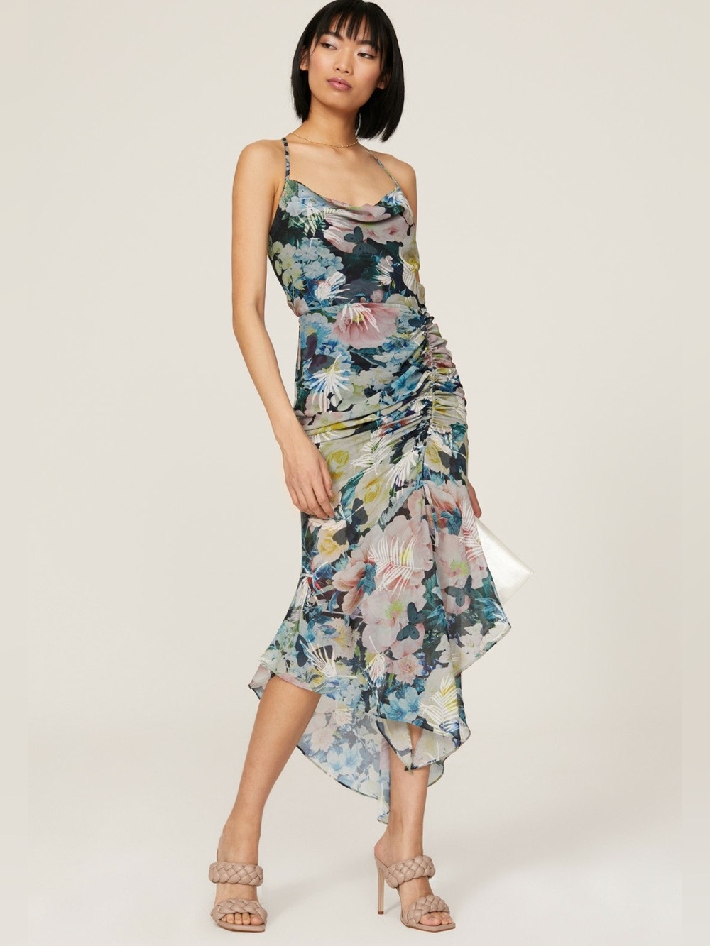 Sau Lee Freida Blue Floral Print Dress Ruched Side Crisscross Back | Size US 8